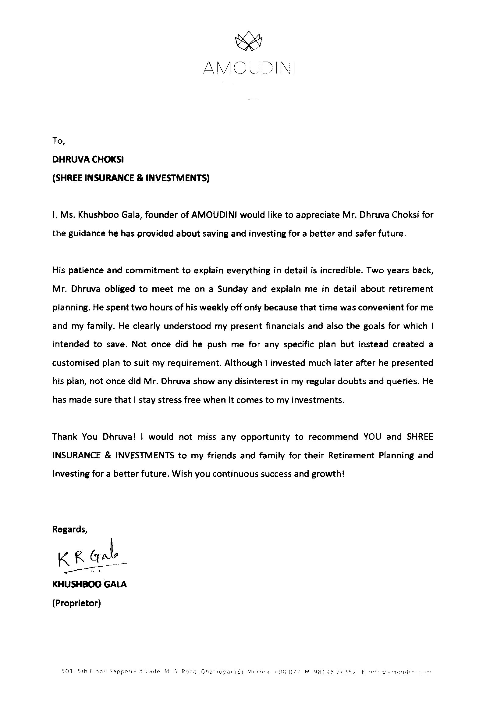 Testimonial letter from Khushboo Gala, AMOUDINI